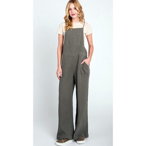 Elleborn Mineral Wash Jumpsuit Wide Leg Gauze Strappy Overalls Gray Sz S NWT - Picture 2 of 7